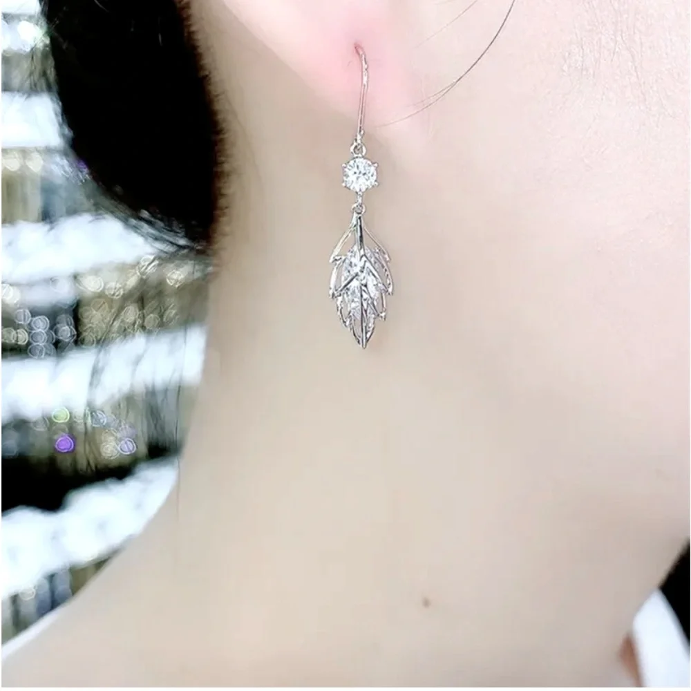 New Sterling Silver White Sapphires Leaf Drop Earrings